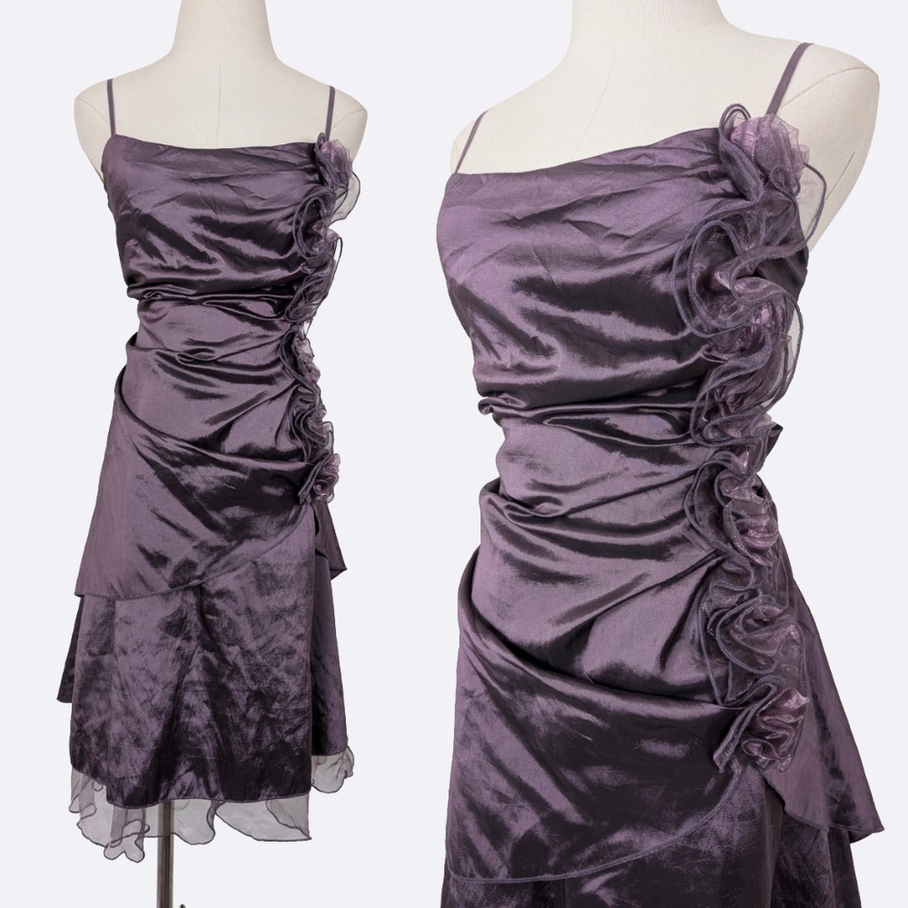 Vintage Purple Asymmetrical Ruffle Satin Dress